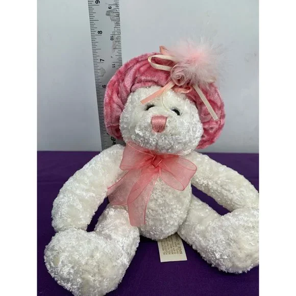 Dan Dee Victorian Sitting 8 Inch White Bear Pink Velvet Hat Rose Feather Bow - Picture 2 of 8